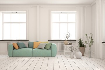 White living room with sofa. Scandinavian interior design. 3D illustration
