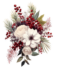Winter Berries Bouquets Watercolor Clipart, Holiday Flowers Sublimation Graphics, Transparent Background, transparent PNG, Created using generative AI