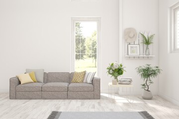 Modern interior concept with sofa and summer landscape in window. 3D illustration