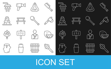 Set line Honey dipper stick, Lemon, Wooden axe, Sauna hat, wood bench, Stack hot stones, Shower and ladle icon. Vector