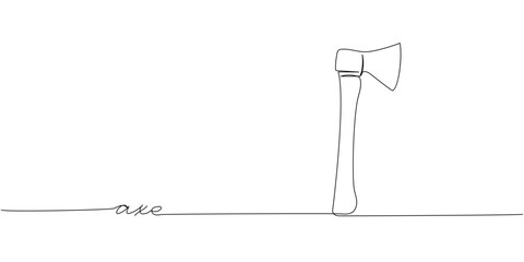 axe, hatchet, woodcutter, construction tool one line art. Continuous line drawing of repair, professional, hand, people, concept, support, maintenance with inscription, lettering, handwritten.