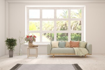 Bright interior design with modern furniture and summer landscape in window. 3D illustration