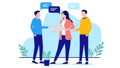 Work discussion - Group of three business people standing, talking and having a discussion together in office workplace. Flat design vector illustration with white background