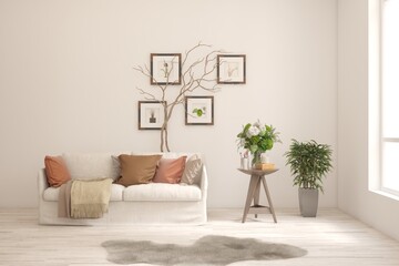 White living room with sofa. Scandinavian interior design. 3D illustration
