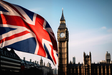 Fototapeta na wymiar Flag of Great Britain, United Kingdom. City of London flag background. London Big Ben, Elizabeth tower in England. Flag of England and the United Kingdom, UK. Great Clock and Union Jack of England