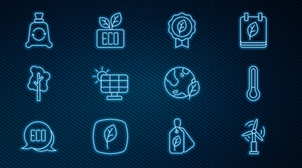 Set line Wind turbine, Thermometer, Leaf Eco symbol, Solar energy panel, Tree, Garbage bag with recycle, Earth globe and leaf and icon. Vector