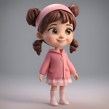 3D Render of a Cute Little Girl in Pink Clothes