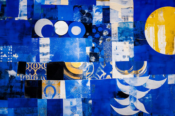 Patchwork, collage dans les tons bleus