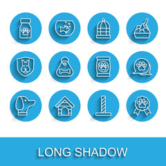 Set line Dog, house, Medicine bottle and pills, Cat scratching post with toy, Pet award symbol, collar bone, Paw print and Bag of food for pet icon. Vector