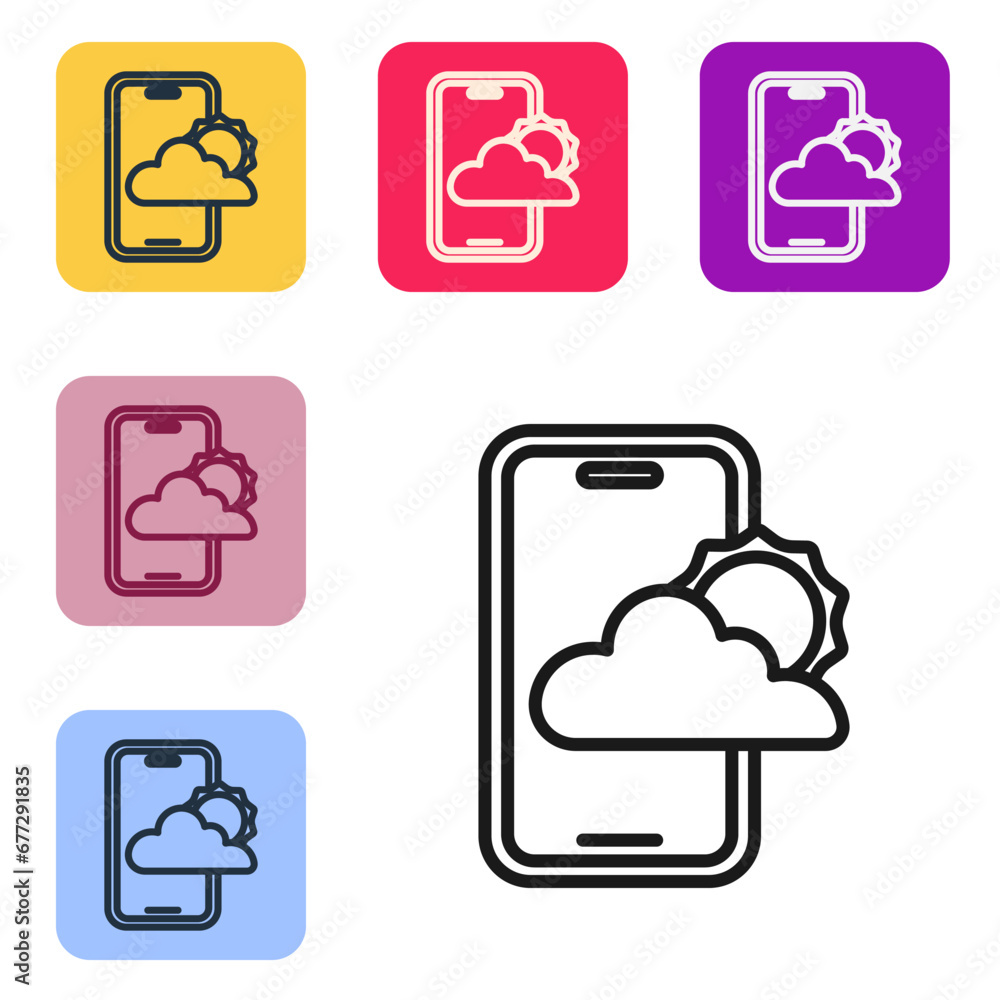 Poster black line weather forecast icon isolated on white background. set icons in color square buttons. ve