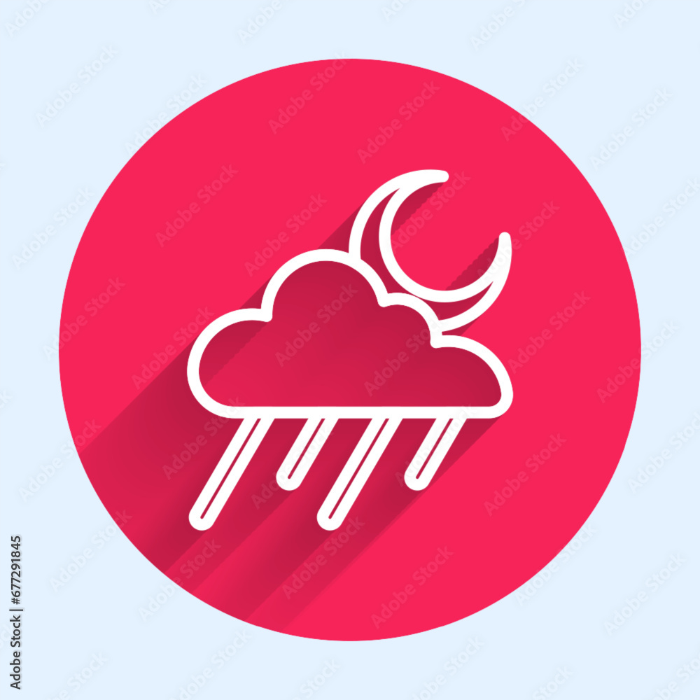 Poster white line cloud with rain and moon icon isolated with long shadow. rain cloud precipitation with ra