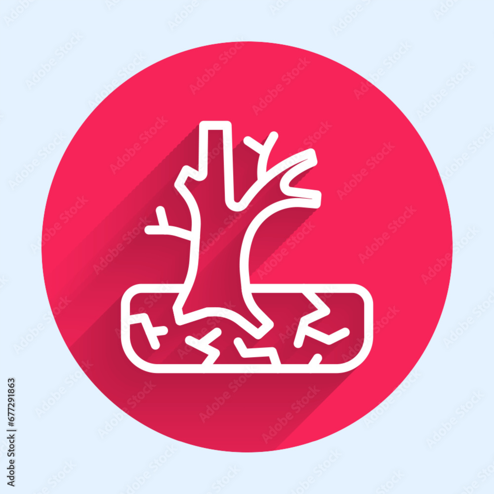 Poster white line withered tree icon isolated with long shadow. bare tree. dead tree silhouette. red circle