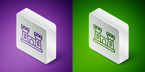 Isometric line Sand castle icon isolated on purple and green background. Silver square button. Vector