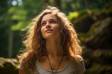 Naklejka premium Portrait of a young beautiful woman in a forest on a sunny day
