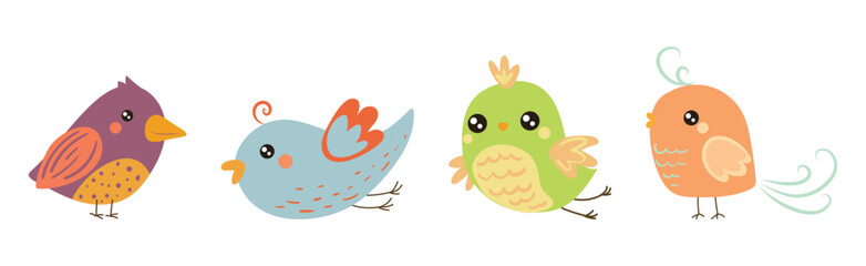 Funny Little Bird with Colorful Feather Vector Set