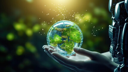 Earth crystal glass globe ball and green plants in robot hands - obrazy, fototapety, plakaty