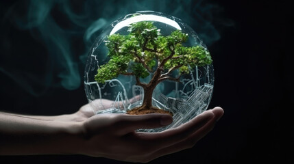 Earth crystal glass globe ball and tree in human hands saving the environment