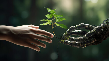 A robot's hand reaching towards a human hand with plant growing