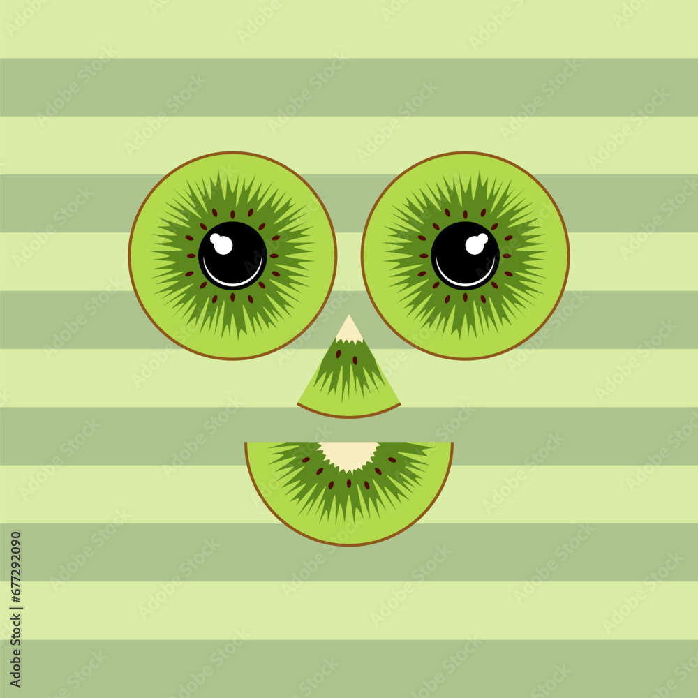 Poster cheerful smiling face made from slices of green kiwi. isolated vector object.
