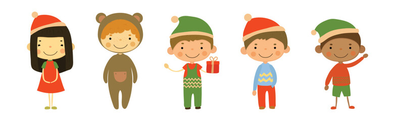 Cute Kids Wearing Christmas Holiday Costume Vector Set