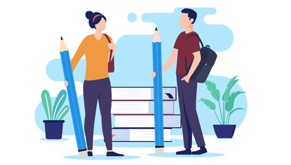 Students ready for education - Young man and woman standing in front of school books holding pencil, preparing to learn and get educated. Flat design vector illustration with white background - obrazy, fototapety, plakaty