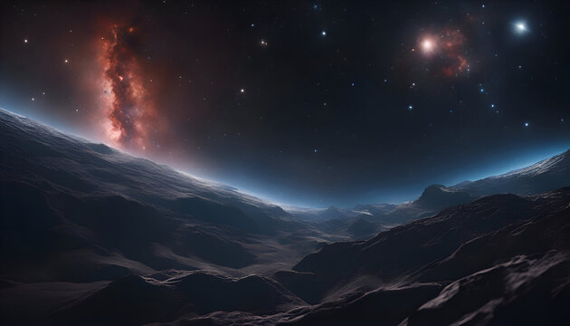 3D rendering of an alien planet in space with stars and galaxies