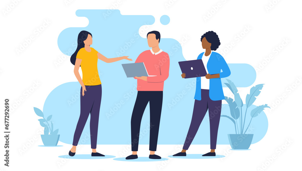 Poster Office people with computers - Team of diverse businesspeople working with laptops talking and discussing work and business. Flat design vector illustration graphic with white background