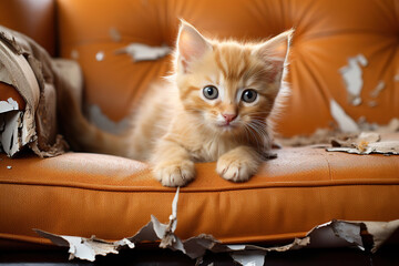 Little naughty cute kitten tore up sofa, damaged furniture and a pet