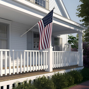 American flag on the porch of a private house. 3d render