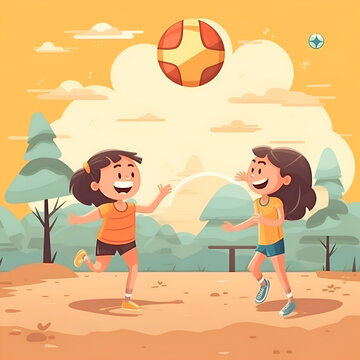 Children playing soccer on the beach. Vector illustration in cartoon style.