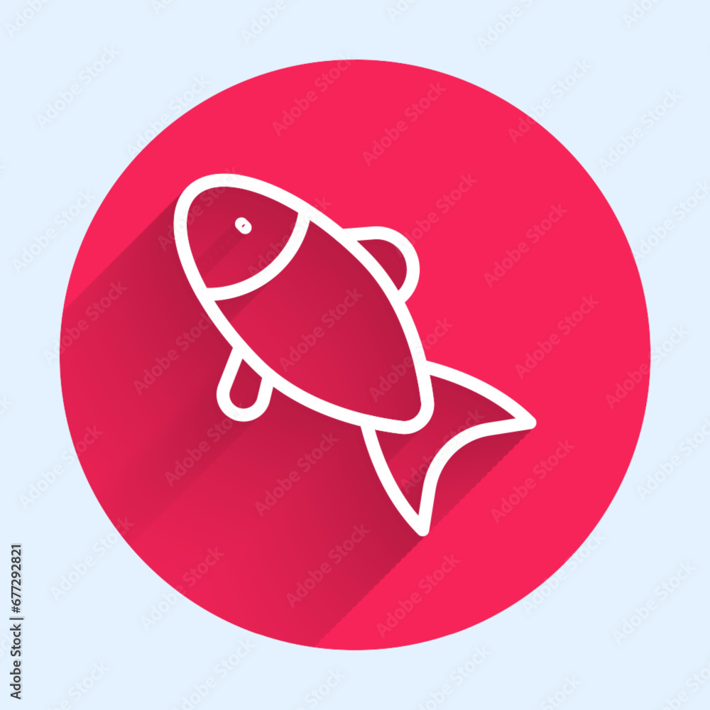 Poster white line fish icon isolated with long shadow background. red circle button. vector