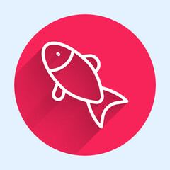 White line Fish icon isolated with long shadow background. Red circle button. Vector