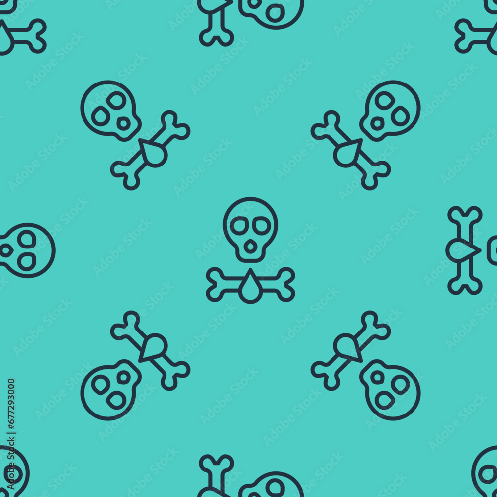Poster black line bones and skull as a sign of toxicity warning icon isolated seamless pattern on green bac