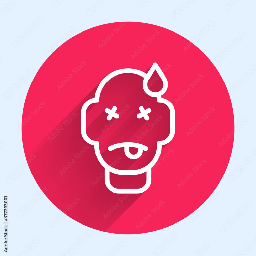 Poster white line man poisoning icon isolated with long shadow background. red circle button. vector
