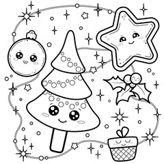Vector hand drawn kawaii holliday coloring book