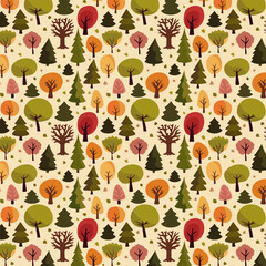 vector hand drawn autumn forest pattern design with green, red and orange tree