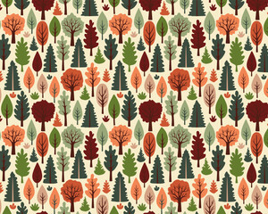 vector hand drawn autumn forest pattern design with green, red and orange tree
