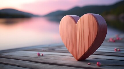 Fototapeta premium Close up of a blush wooden Heart in front of a beautiful Lake. Blurred natural Background