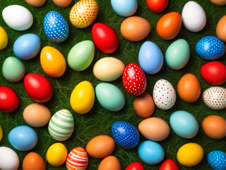 Fototapeta premium Easter colorful painted eggs on lawn green grass Spring nature festival.