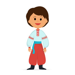Smiling guy in national costume. Welcome to the Ukraine. Vector flat illustration