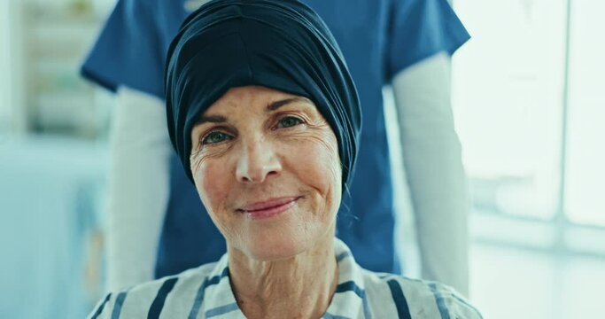 Face, cancer and a senior woman in a wheelchair at the hospital with a nurse for medical healthcare. Portrait, recovery or treatment with an elderly patient and medicine professional in a clinic