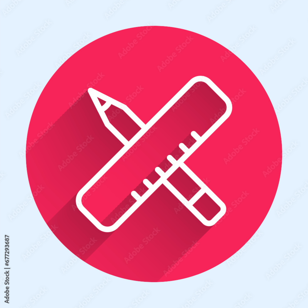 Poster white line crossed ruler and pencil icon isolated with long shadow background. straightedge symbol. 