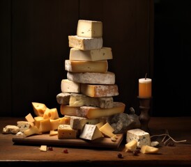 Fototapeta premium cheese stack on wooden shelf