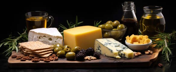 cheese olive oil and olives on a black background