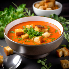 Creamy tomato soup with croutons and parsley. square