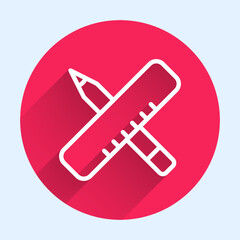 White line Crossed ruler and pencil icon isolated with long shadow background. Straightedge symbol. Drawing and educational tools. Red circle button. Vector