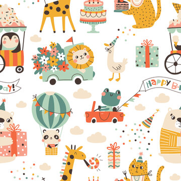 Birthday seamless pattern with cute animals. Vector hand drawn cartoon illustration of festive elements and funny characters. Vintage cheerful pastel palette is perfect for gift wrapping.