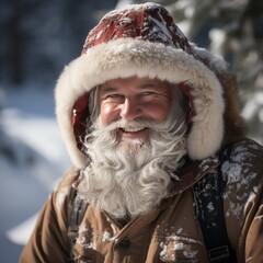 father christmas hiking through Lapland during daylight, in a red warm outfit, generative ai 