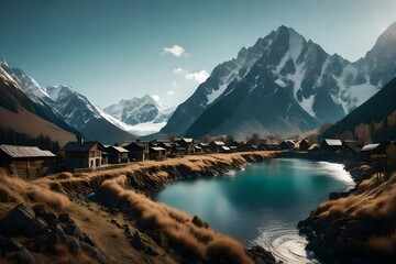 A village nestled at the base of a majestic mountain, with snow-capped peaks towering above and a clear stream winding through.