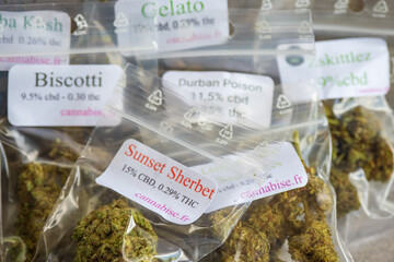 A variety of CBD strains Flowers and buds assorted in plastic bags